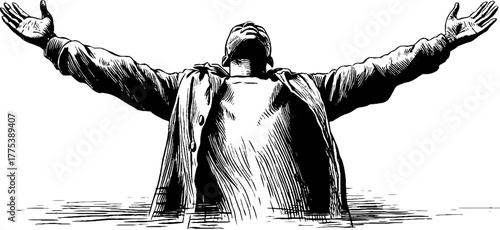 Expressive standing figure with arms open in vintage engraved style for emotional design