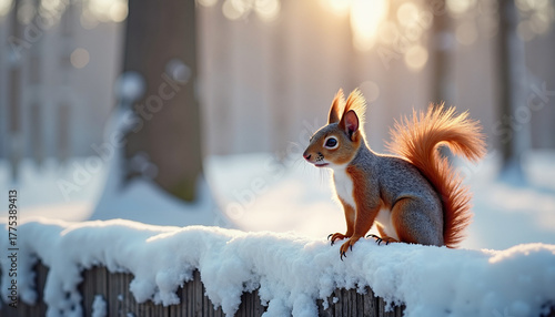 Squirrel standing on snow-covered fence in winter forest  