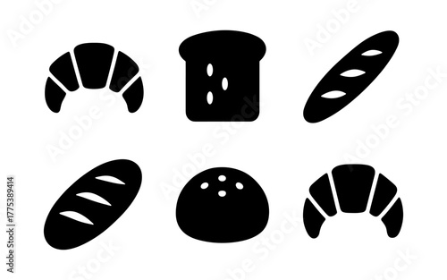 Bread silhouettes collection: croissant, loaf, baguette icons on white