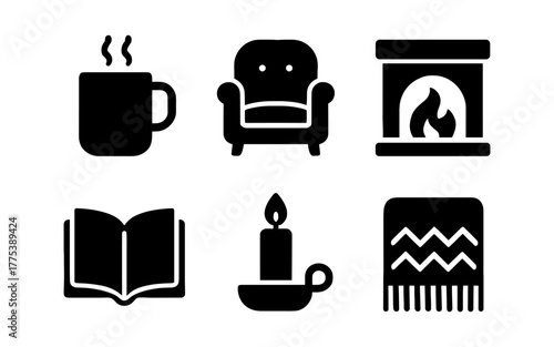 Cozy home icons set: mug, armchair, fireplace, book, candle, blanket in silhouette style