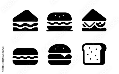 Minimalist silhouette fast food icons featuring sandwiches and burgers