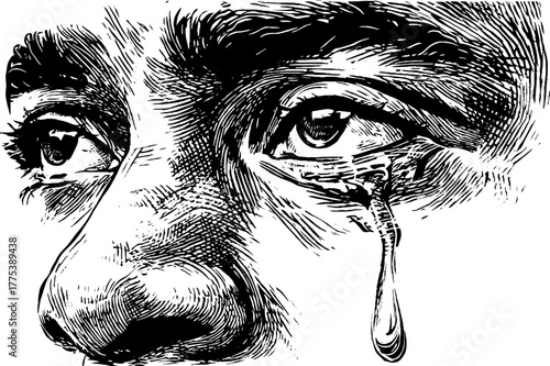 Emotional expression of sorrow in engraving with single tear on calm face