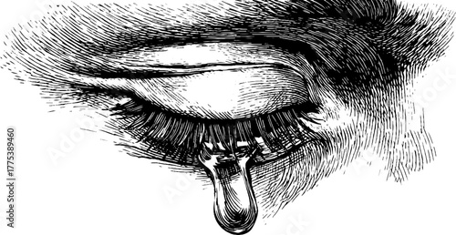 Emotional expression of sorrow with tear rolling down a calm face in vintage engraving style