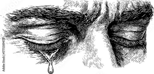 Emotional sorrow: tear rolling down a calm face engraving art