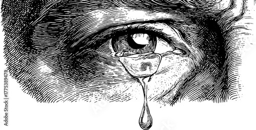 Emotional depth in vintage hand-drawn engraving of tear and calm expression
