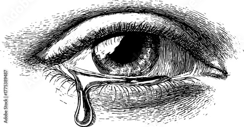 Emotional expression of sadness with tear transforming into rain - vintage hand-drawn engraving