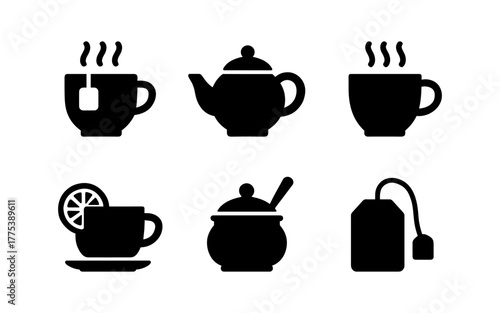 Wallpaper Mural Tea time essentials: minimalist silhouette icons of cups, teapots, and bags Torontodigital.ca