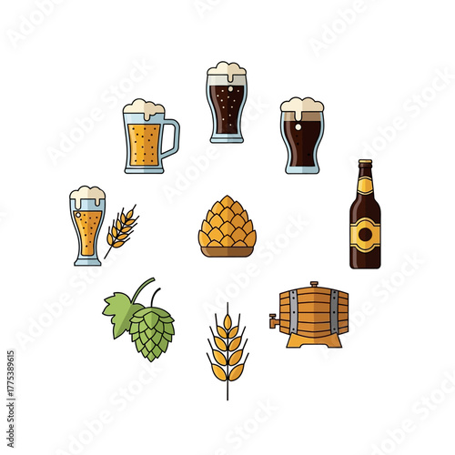 Colorful illustration of various beer glasses, a bottle, and brewing ingredients arranged in a circle.
