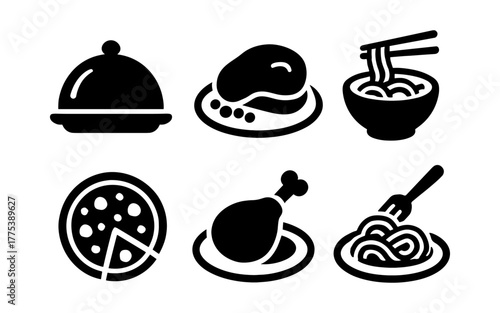 Classic black icons of popular international foods for menu designs