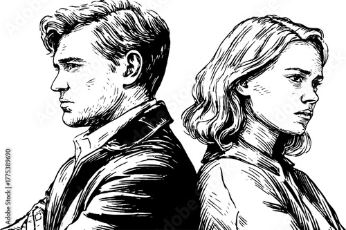 Emotional distance depicted in vintage style engraving of two people standing back to back