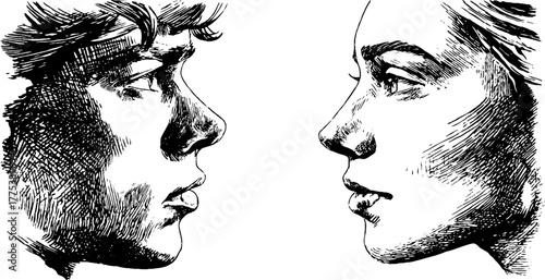 Vintage hand-drawn engraving of two people face to face with shadow details