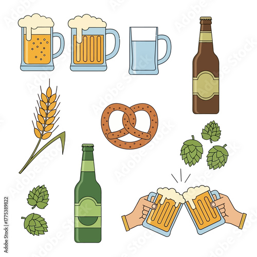 A collection of beer-related items including mugs, bottles, wheat, hops, a pretzel, and a beer toast illustration.