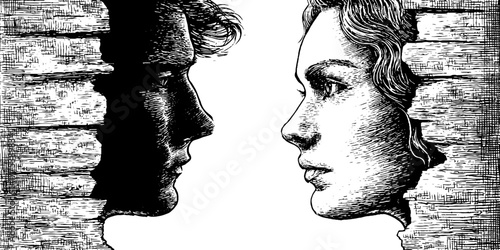 Vintage silhouettes of two faces separated by a transparent wall - engraved sketch design for poster or card