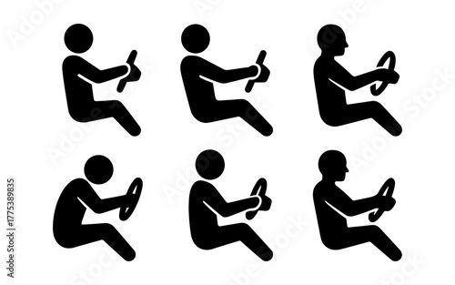 Silhouette of people driving cars: different poses and steering wheel positions