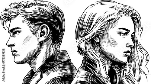 Engraving of two silhouettes standing back to back - concept of symbolism and duality