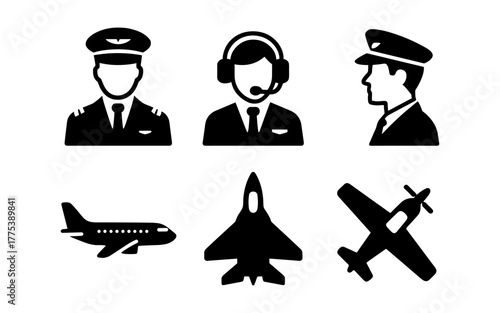 Aviation icons set: pilots, aircraft, jet, and headset silhouettes