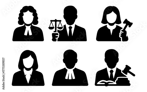 Silhouettes of legal professionals with judicial symbols