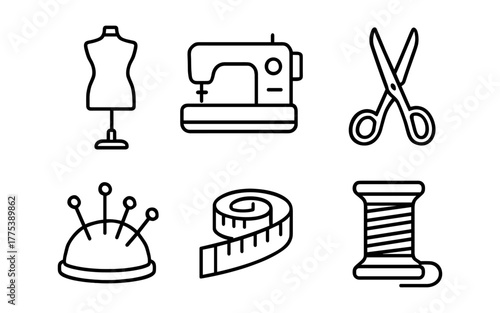 Sewing essentials icons set featuring linear tools and accessories