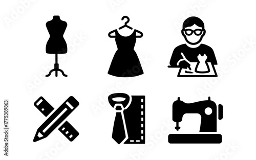 Sewing and fashion icons: dress form, designer, sewing machine, and tools