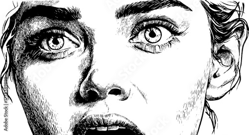 Dramatic expression of fear with wide eyes and parted lips, hand drawn art for posters and prints