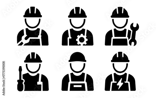 Set of silhouette icons for engineers and technicians with tools and helmets