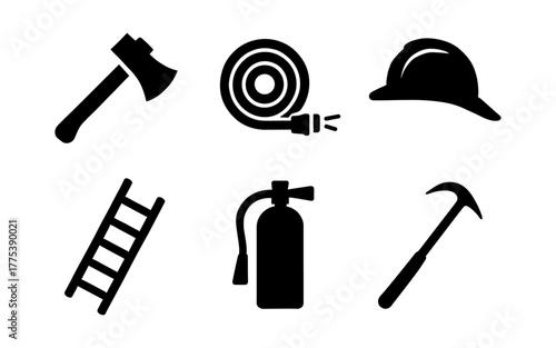 Firefighting tools in black silhouette: axe, hose, helmet, ladder, extinguisher, hook
