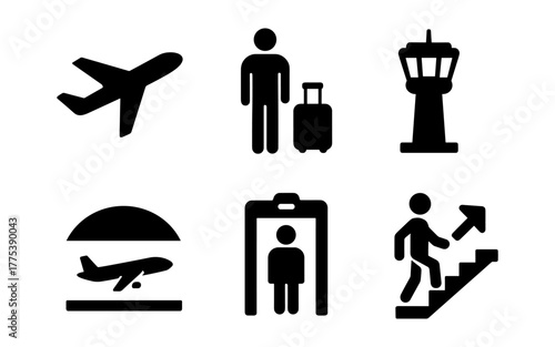 Airport icons: travel, security, and navigation in bold silhouette design