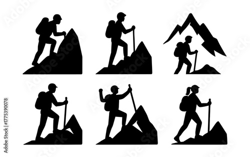 Hiker silhouettes climbing mountains with backpack and hiking stick