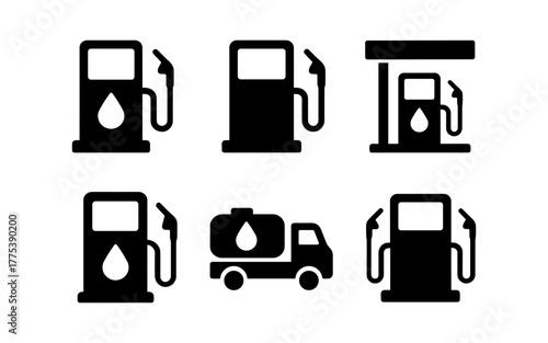 Fuel station icon set: silhouette pump and oil tanker symbols