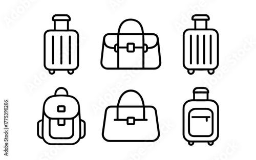Minimalist line art travel bags collection including backpacks and suitcases