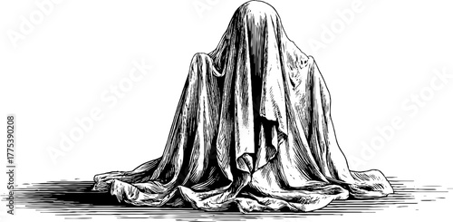 Mysterious ghost silhouette in vintage engraving style design for halloween