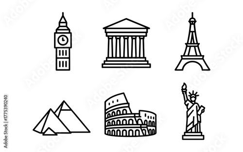 Iconic world landmarks outline: big ben colosseum eiffel tower statue of liberty pyramids parthenon