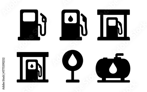 Set of silhouette fuel pump, gasoline icons with fuel tank and drop symbol