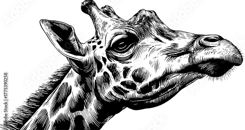 Vintage giraffe head and neck illustration in engraving style for retro design projects
