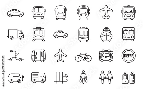  Collection of hand drawn transportation icons representing various modes of travel and vehicles