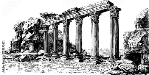 Ancient greek columns in ruin with vintage engraving style - monochrome illustration for historical design