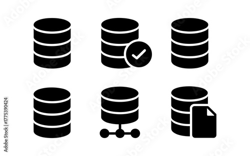 Database icon set: simple and modern black silhouettes for technology projects