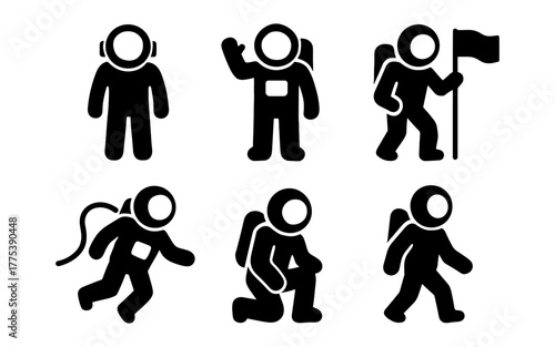 Silhouette astronaut icons: spacewalk, exploration, flag, and adventure designs