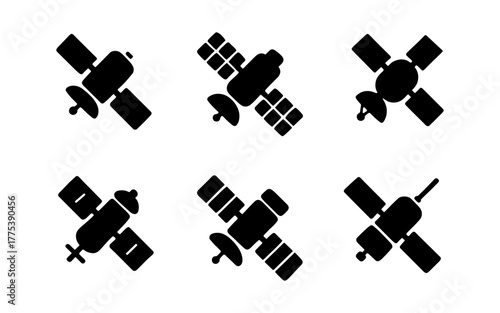 Silhouette satellite icons set: minimalist space technology design collection