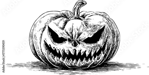 Vintage halloween pumpkin with carved face in engraving style for seasonal design