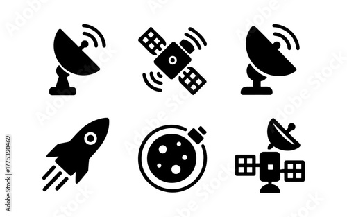 Space icons set: satellite, rocket, and observatory designs in black silhouette style