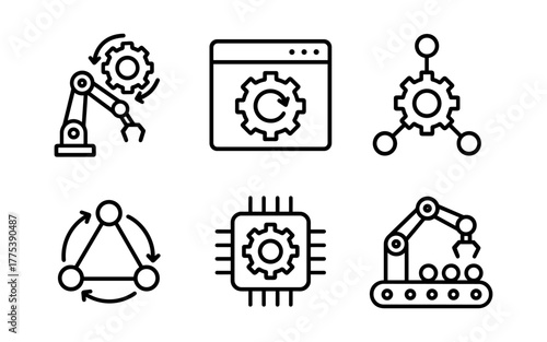 Linear machine learning and automation icons set with robotics and ai elements