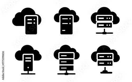 Cloud server silhouette icons set: simple black network designs