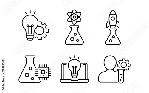 Innovative technology and science icons featuring light bulb, gear, rocket, and atom