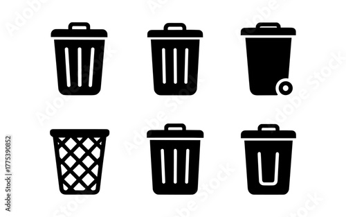 Minimalist trash bin icons set: monochrome waste management symbols