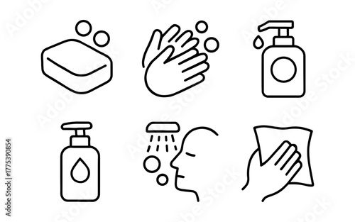 Hygiene icons with soap, handwashing, and cleaning symbols in simple line art
