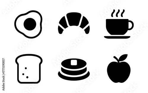 Breakfast icons: minimalistic silhouette of popular morning foods