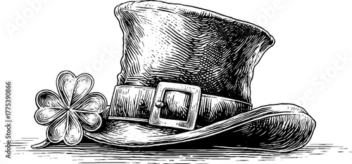 Vintage leprechaun hat with buckle and shamrock in engraving style for st. patrick's day design