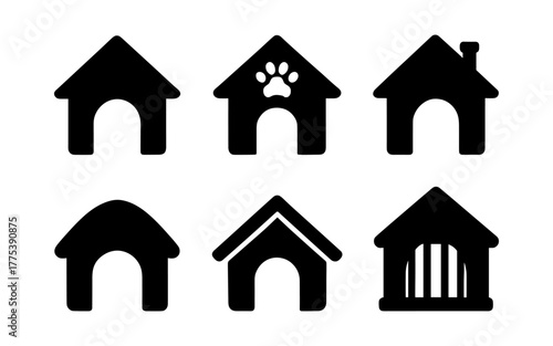 Silhouette dog house icons set with various roof designs for pet lovers