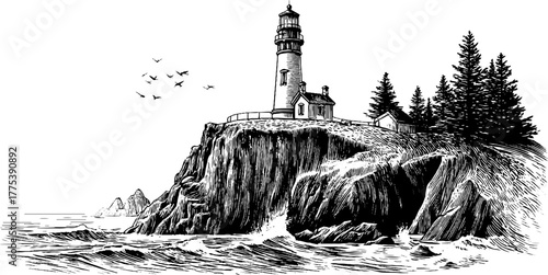 Lighthouse on rocky cliff with ocean waves in vintage engraving style for nautical theme design